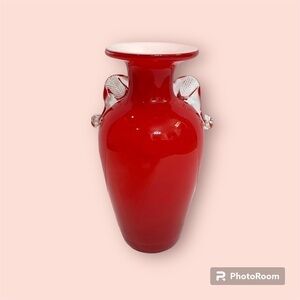 Dalian Snowflake Company Art Glass Blown Red & White 8" Vase